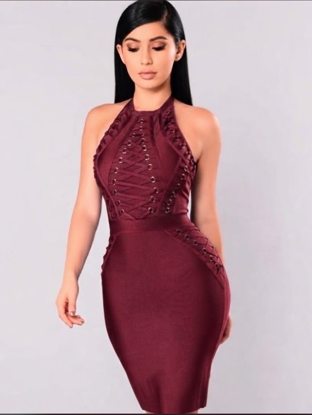 Fashion Nova Halter Lace-Up Bodycon Dress - Burgundy Size XL